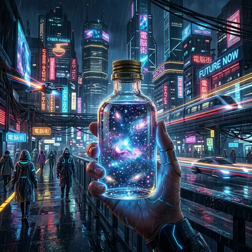 Glass-Bottled Universe: Cyberpunk Luminary Cosmos