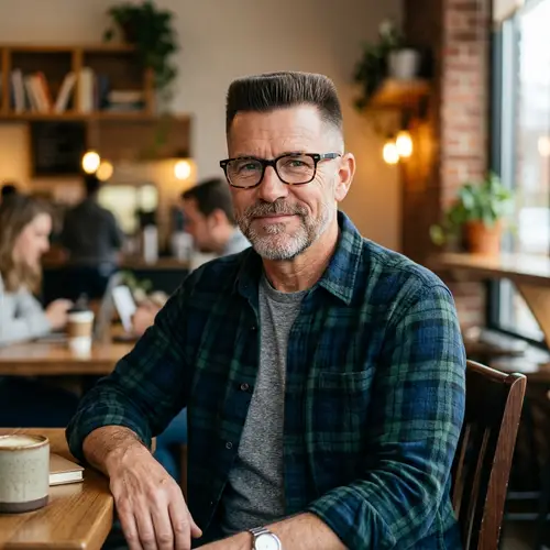 Middle-Aged Man with Flat Top Haircut and Glasses