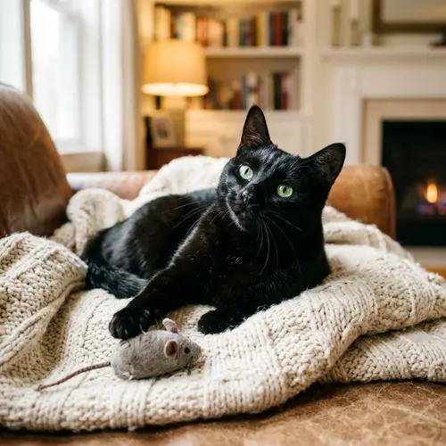 Sleek Black Cat Lounging Comfortably - A Cozy Scene