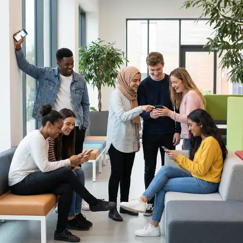 Diverse Students Engrossed in Smartphones | Modern Room Setting