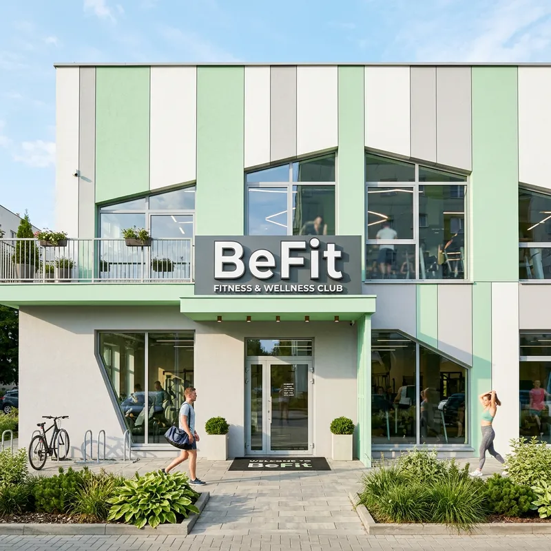 Energetic Pastel Green & White Fitness Gym Facade with BeFit Sign