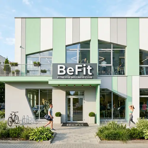 Harmonious Pastel Green Fitness Gym Facade with BeFit Sign
