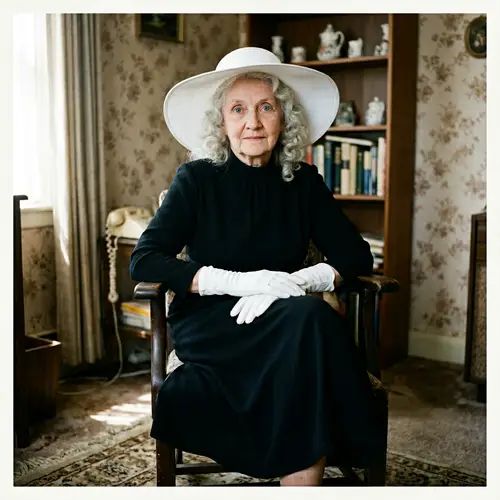 Elderly Woman in Black Dress with White Hat | 1980s Color Photo