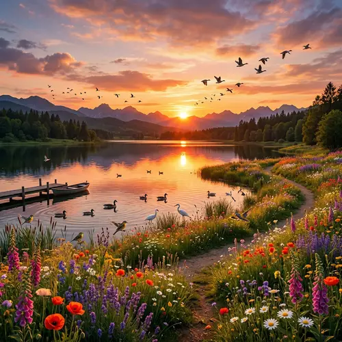 Scenic Sunset Landscape with Flowers and Birds