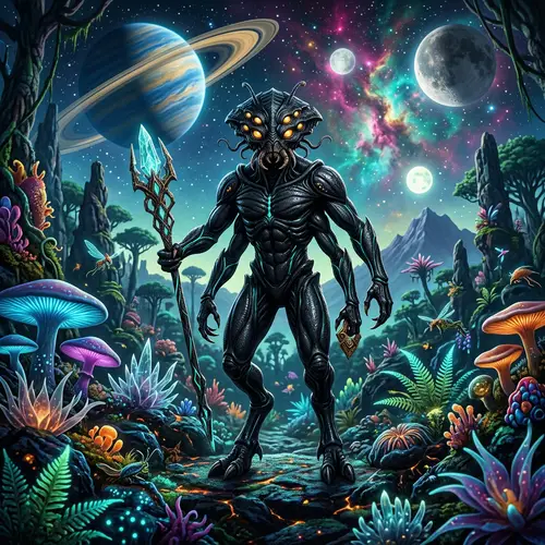 Intriguing Space Organism with Six Eyes on Unique Alien Landscape