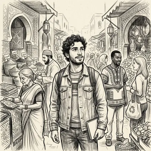 Sketch Santiago in Vibrant Marketplace | Exotic Atmosphere