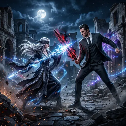 Mystical Combat Scene: Silver-Haired Figure vs. Commanding Male