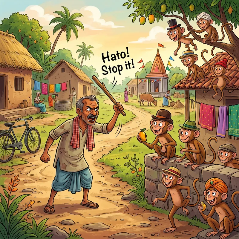 Angry Village Man Scolding Hat-Wearing Monkeys in Cartoon Style