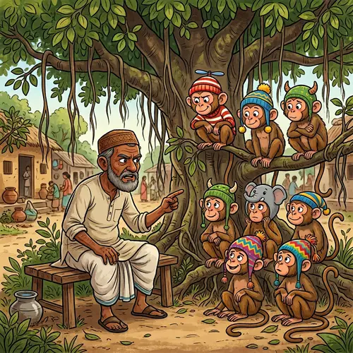 South Asian Village Man Scolding Monkeys under Tree