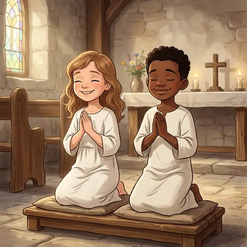 Joyful Children in Prayer for Baptism Ceremony