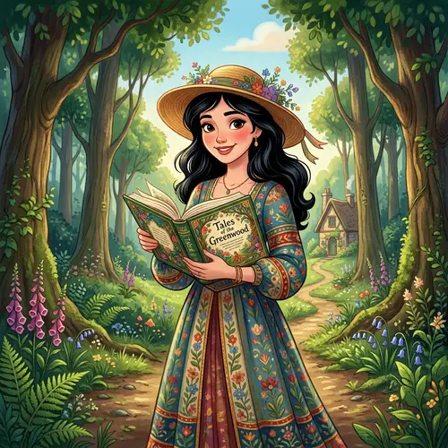 Whimsical Woman with Black Hair in Classic Animation Style