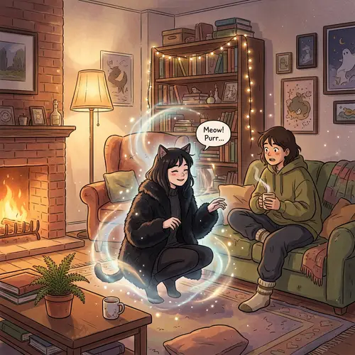 Black Fur Coat Witch Transformation Into a Cat in Cozy Living Room