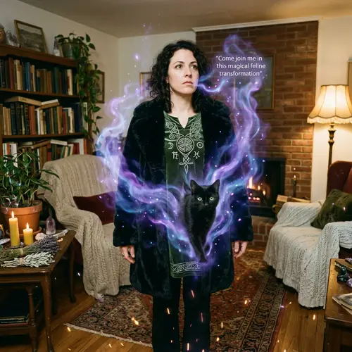 Black Fur Coat Witch Transformation Into Cat - Enchanting Scene