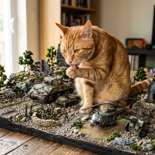 Cat Grooming Near Miniature Military Objects