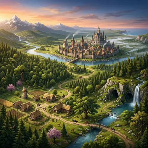 Fantasy Universe Design with Metropolitan Areas, Rural Villages, and Lush Forests