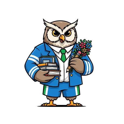 Cheerful Owl Mascot in Unique School Outfit
