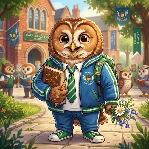 Cheerful Owl Mascot in Unique School Outfit