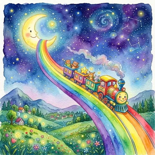 Whimsical Watercolor Train Climbing a Rainbow
