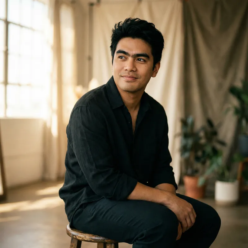 Stylish Portrait of a Filipino Man: Warm Undertones & Mysterious Gaze Stylish Portrait of a Filipino Man: Warm Undertones & Mysterious Gaze