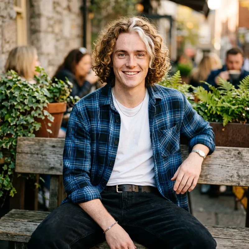 Charismatic Young Man with Curly Golden Brown Hair