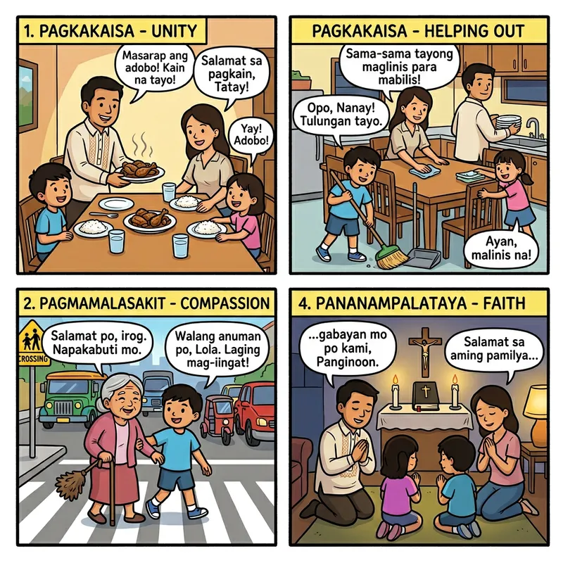 Filipino Values Comic Strip: Unity, Compassion, and Faith