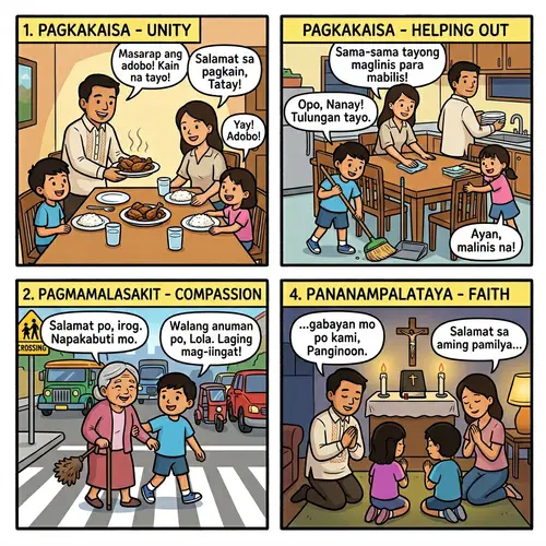 Filipino Values Comic Strip: Unity, Compassion, and Faith