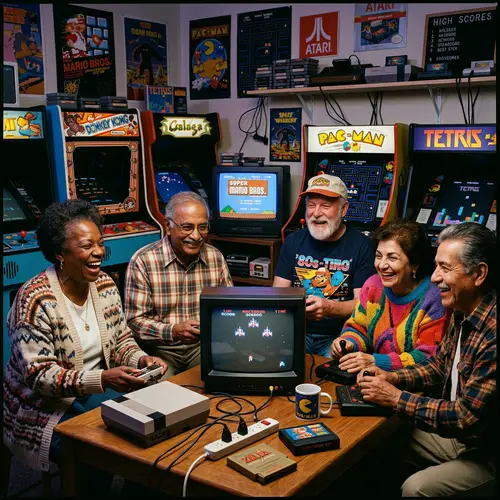 Diverse Elderly Gamers Enjoying 8-Bit Style Games