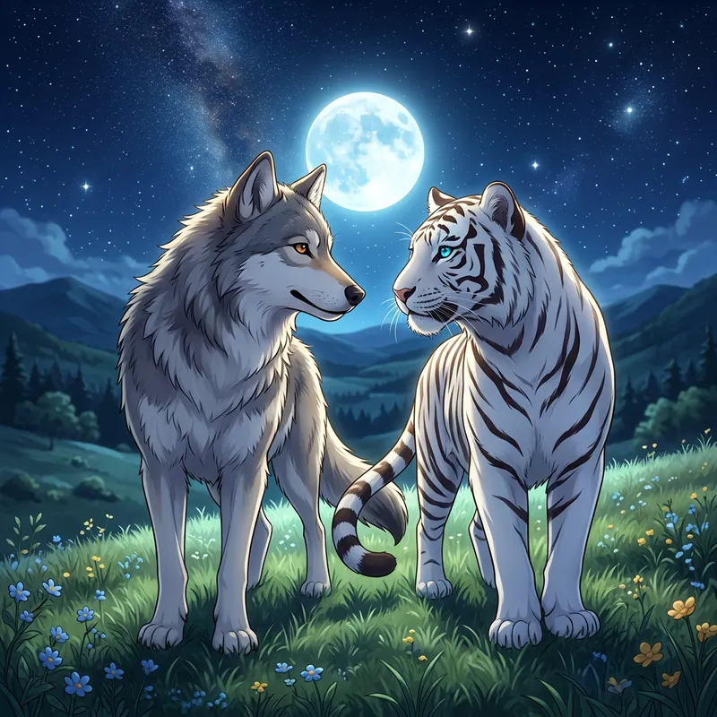 Wolf and White Tiger Affection | Night Sky Anime Fantasy