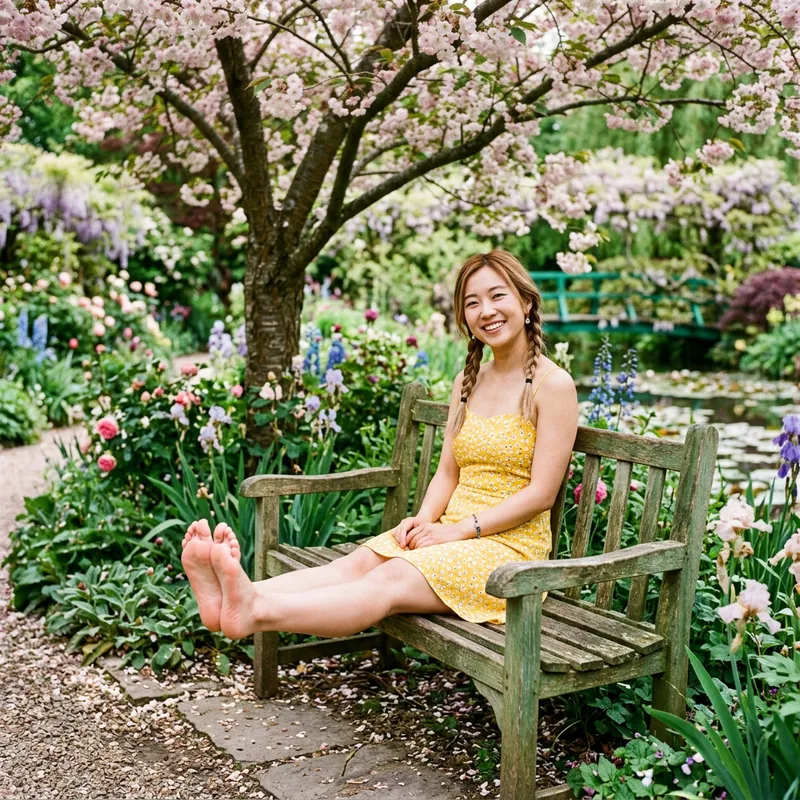 Young Woman in a Blooming Cherry Tree Garden