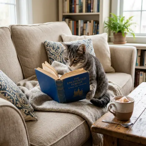 Charming Cat Reading Adventure on Beige Sofa