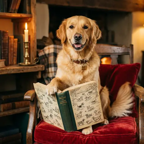 Golden Retriever Reading Book with Dog Sketches