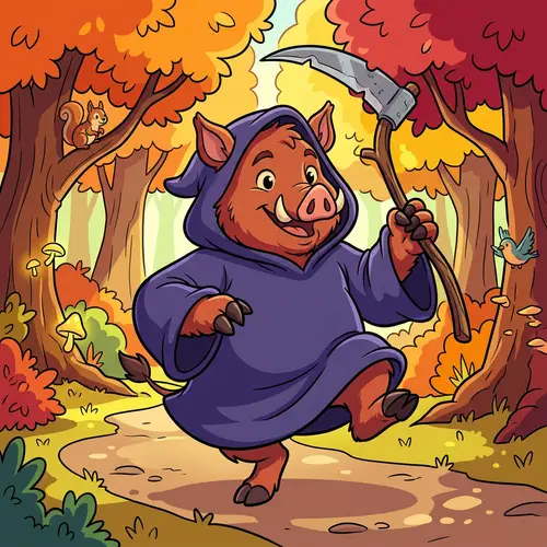 Whimsical Humanoid Boar in Dark Robe with Death Scythe