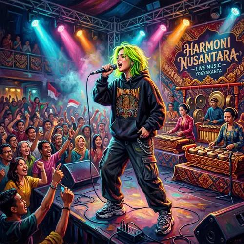 Young Female Singer in Indonesian Batik Stage Setting