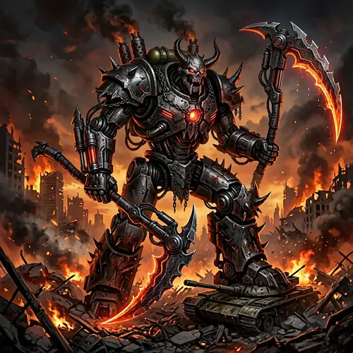 Monstrous Robot with Scythes for Hands