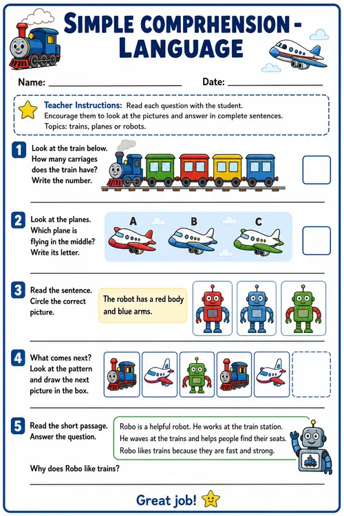 Printable Language Comprehension Worksheets for Kids