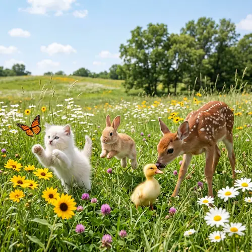 Adorable Baby Animals in a Meadow: Joyful Scene