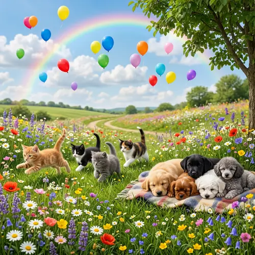 Adorable Kittens, Puppies, Balloons & Flowers - Delightful Image
