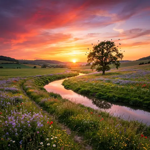 Tranquil Sunset Landscape with Vibrant Colors and Lush Green Fields