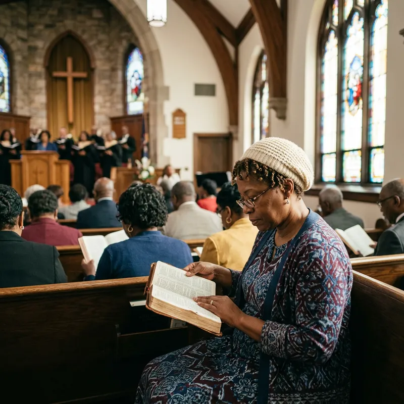 Black Woman Reading Bible in Church Black Woman Reading Bible in Church