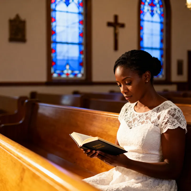 Black Woman Reading Bible in Church
