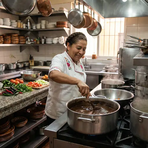 Middle Age Mexican Woman Chef Cooking in Vibrant Kitchen
