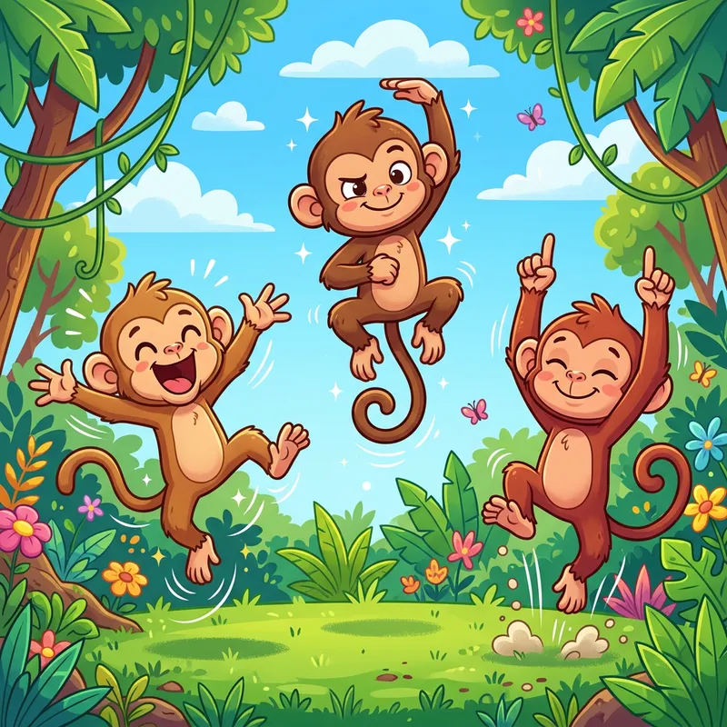 Cute Cartoon Baby Monkeys Jumping in Three Poses Vector