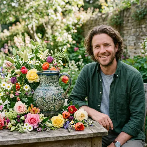 Exquisite Ceramic Jug Surrounded by Diverse Flowers | Teebabs