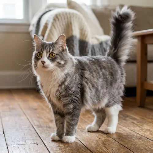 Fluffy Gray and White Domestic Cat | Attentive Pose with Upright Tail