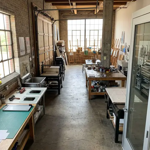 Workshop Space with Easels, Printing Press, and Work Tables