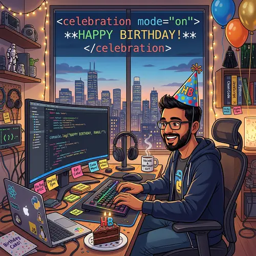 Birthday Card for IT Specialist | Celebration Scene with Coding Script Text