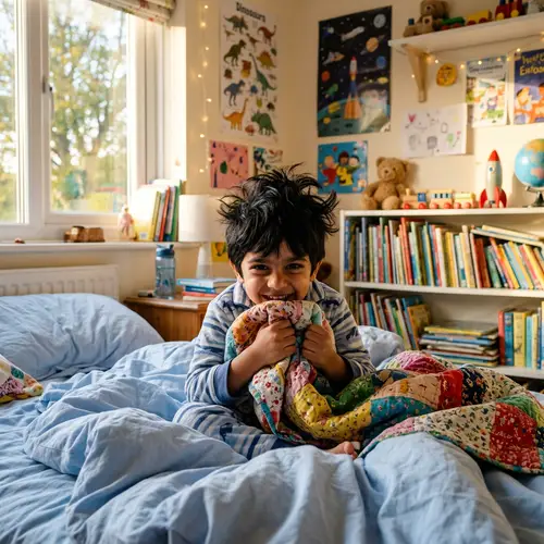 Cheeky South Asian Boy Waking Up in Colorful Bedroom