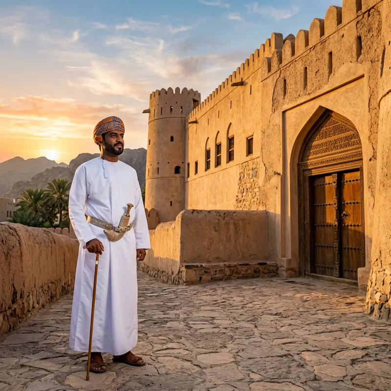 Omani Gentleman in Traditional Attire at Ancient Fort Omani Gentleman in Traditional Attire at Ancient Fort