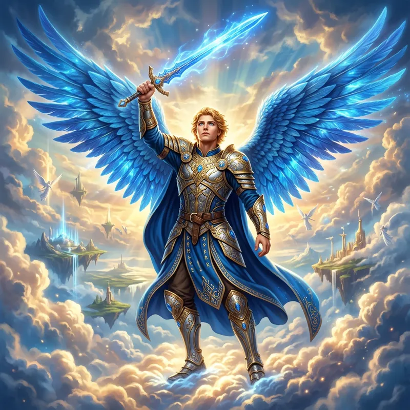 Blue-Winged Archangel With Beautiful Angelic Face and Sword