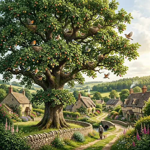 Serene Village Landscape: Ancient Tree, Fruits, Birds, Nests